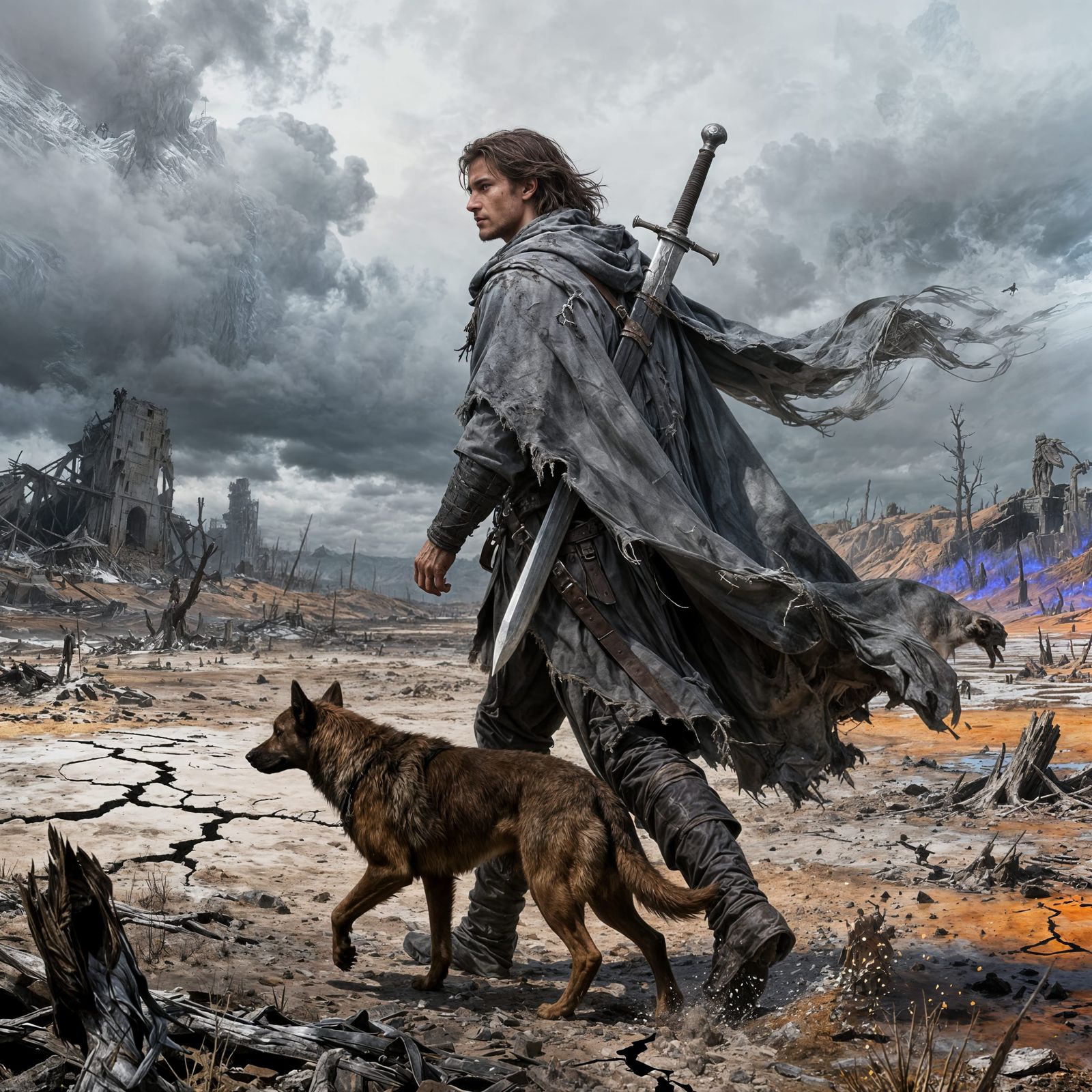 Lone Wanderer and Dog in Desolate Fantasy Landscape