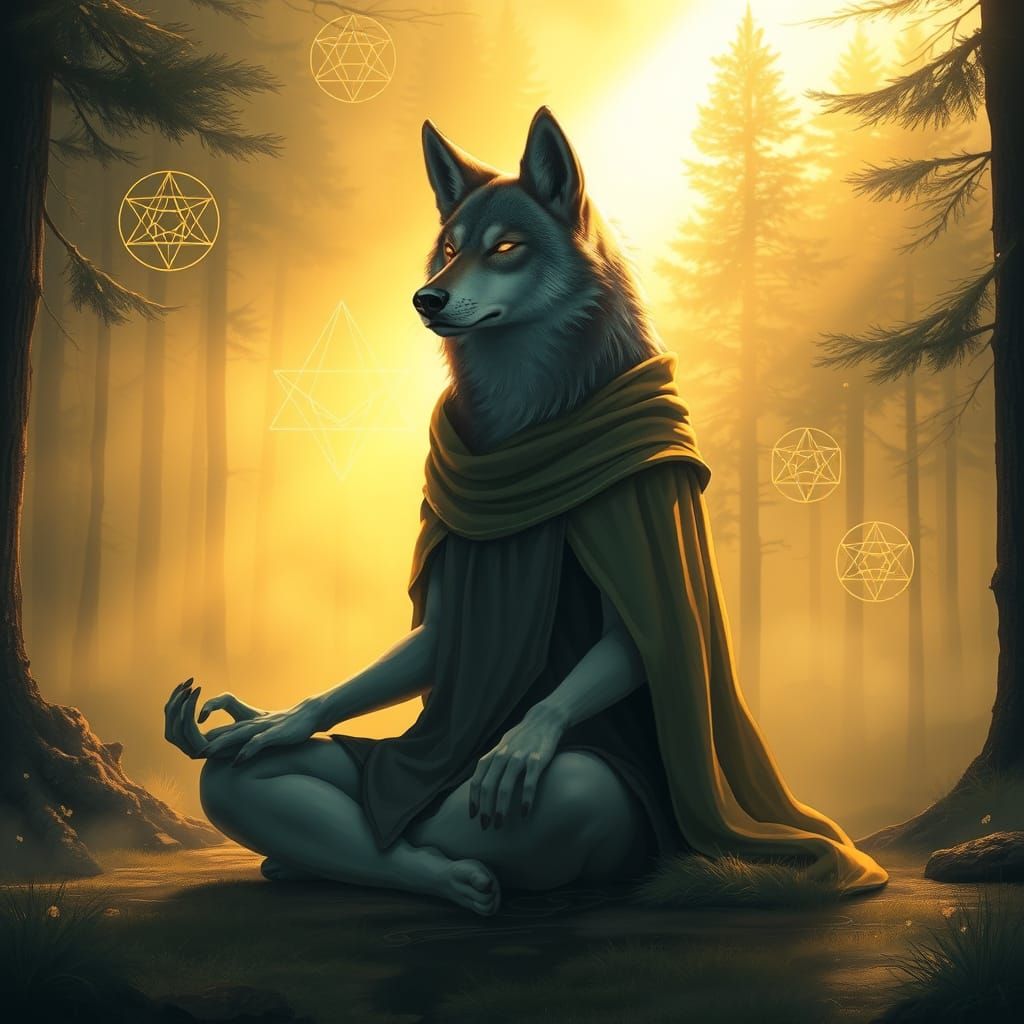 Meditative Wolf in Misty Forest with Golden Light