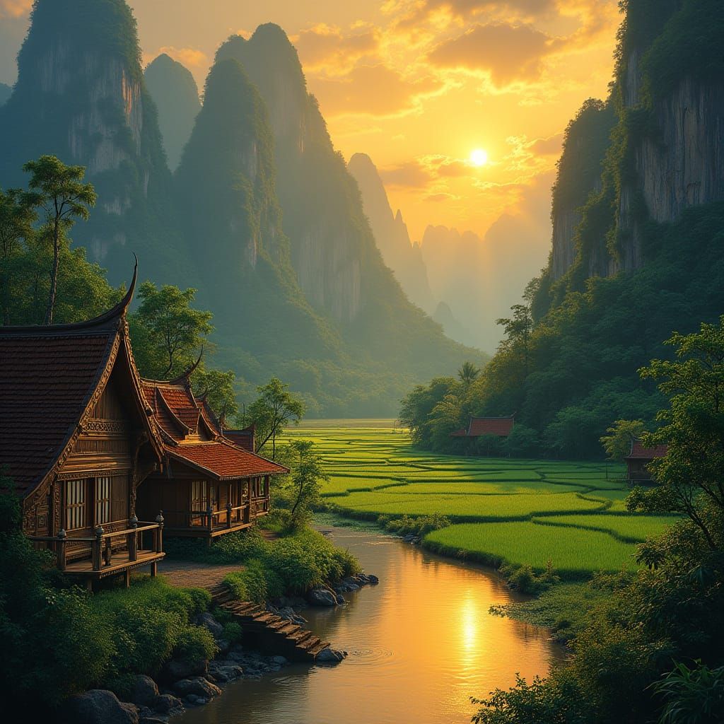 Serene Thai Village with Golden River, Bioluminescent Flora