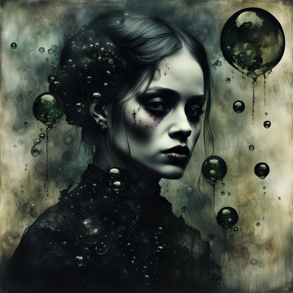 Eerie Gothic Portrait with Bubbles in Alcohol Ink