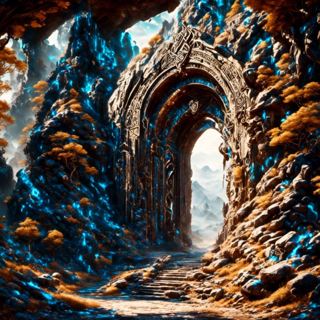 A large, stone gate standing at the entrance to a mountain v...