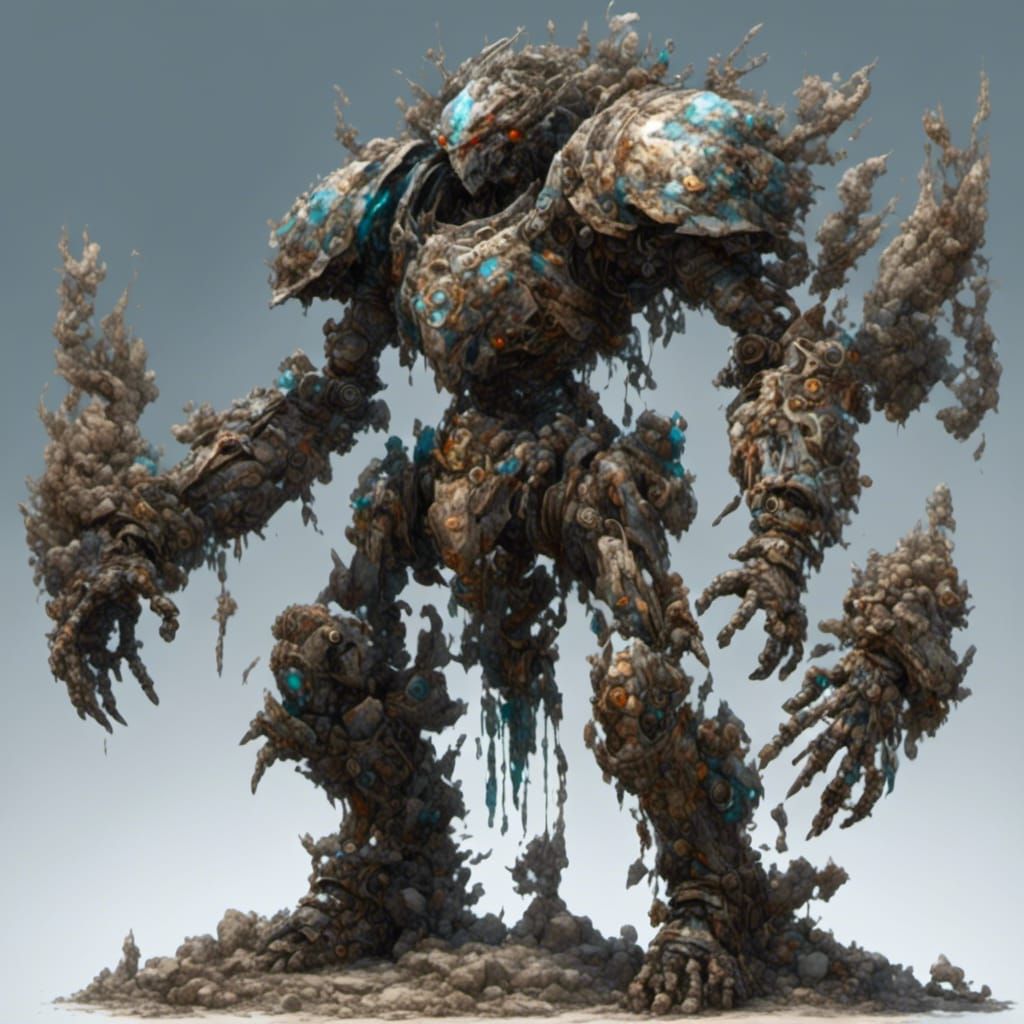 Hyperreal Mechanical Stone Golem in Dynamic Pose