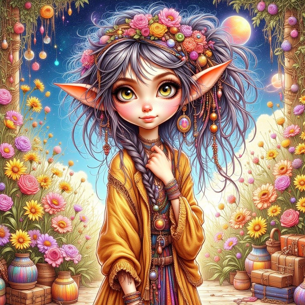 Vibrant Bohemian Dreamer Among Cosmic Blooms