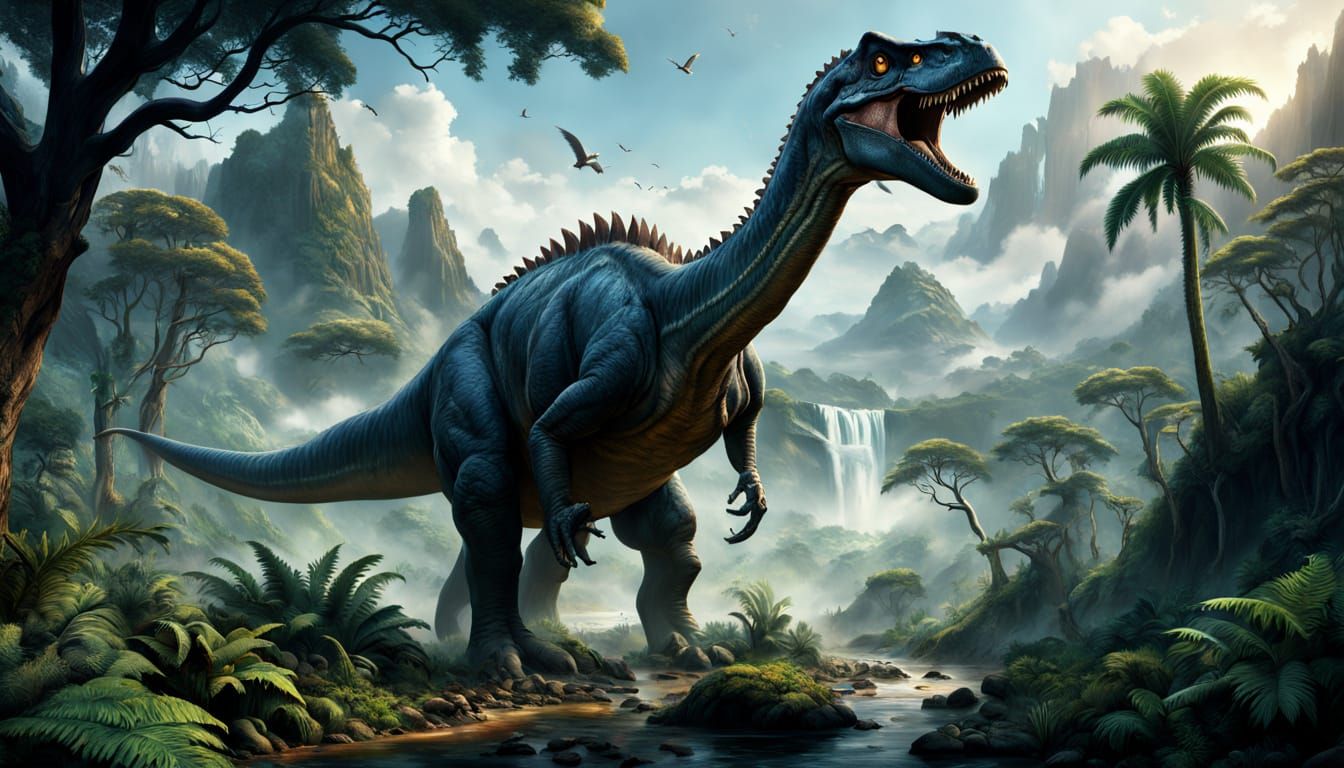 Prehistoric Dawn: Dinosaurs in a Lush Landscape