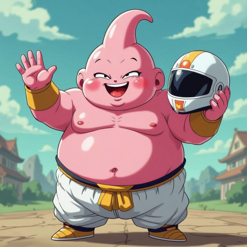 Fat Majin Buu Holding Guarumo Dog's Helmet in Anime Style