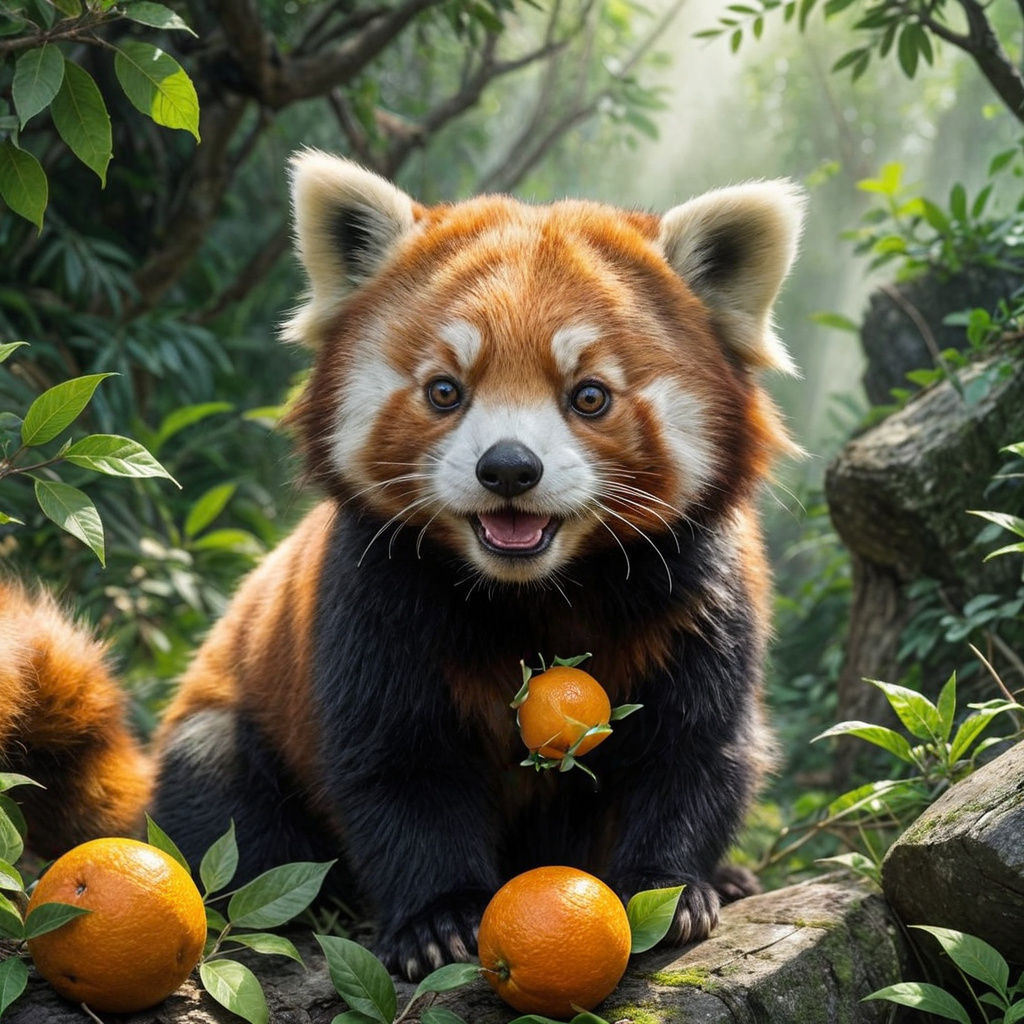 Curious Red Panda Eats Orange in Natural Habitat