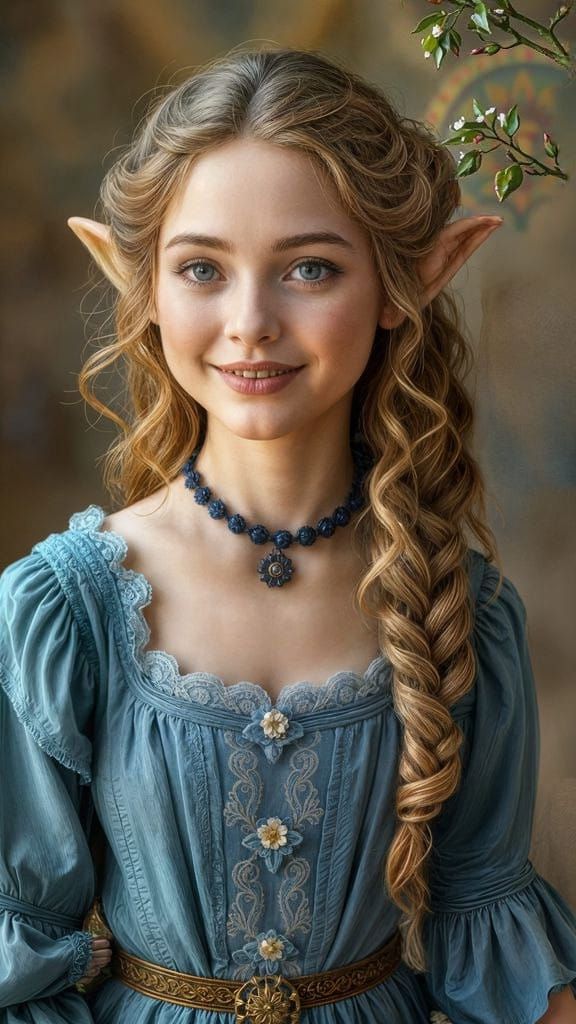 Victorian era female elf with pale skin and smiling with a beautiful face and long curly hair and wearing a cornflower b...