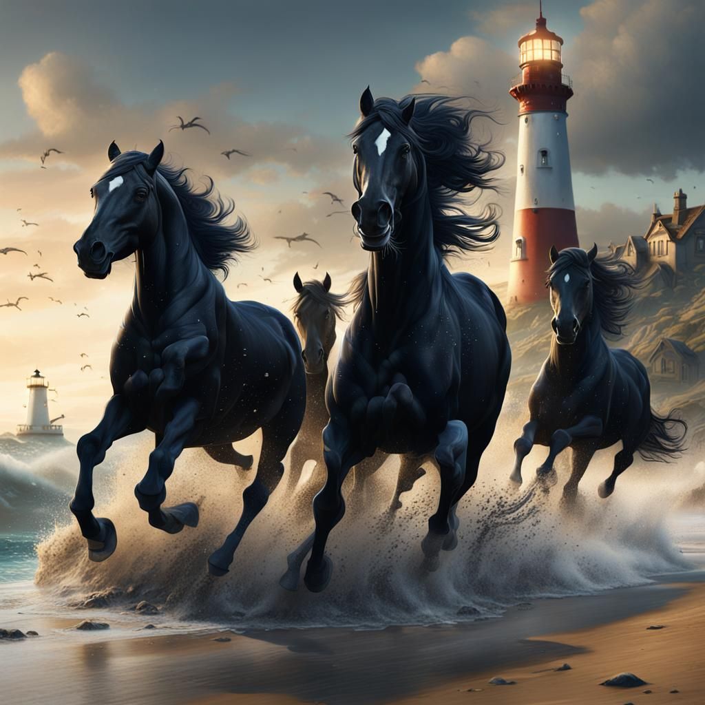 Black Horses Running on Beach: Fantasy Concept Art