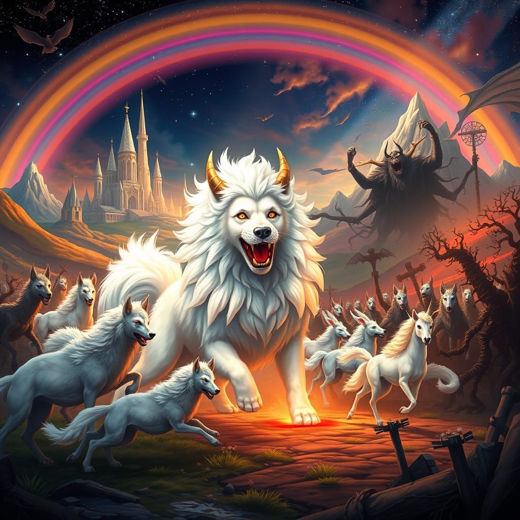 Regal Fluffy Dog Leads Mosaic Wolves and Unicorns into Battl...