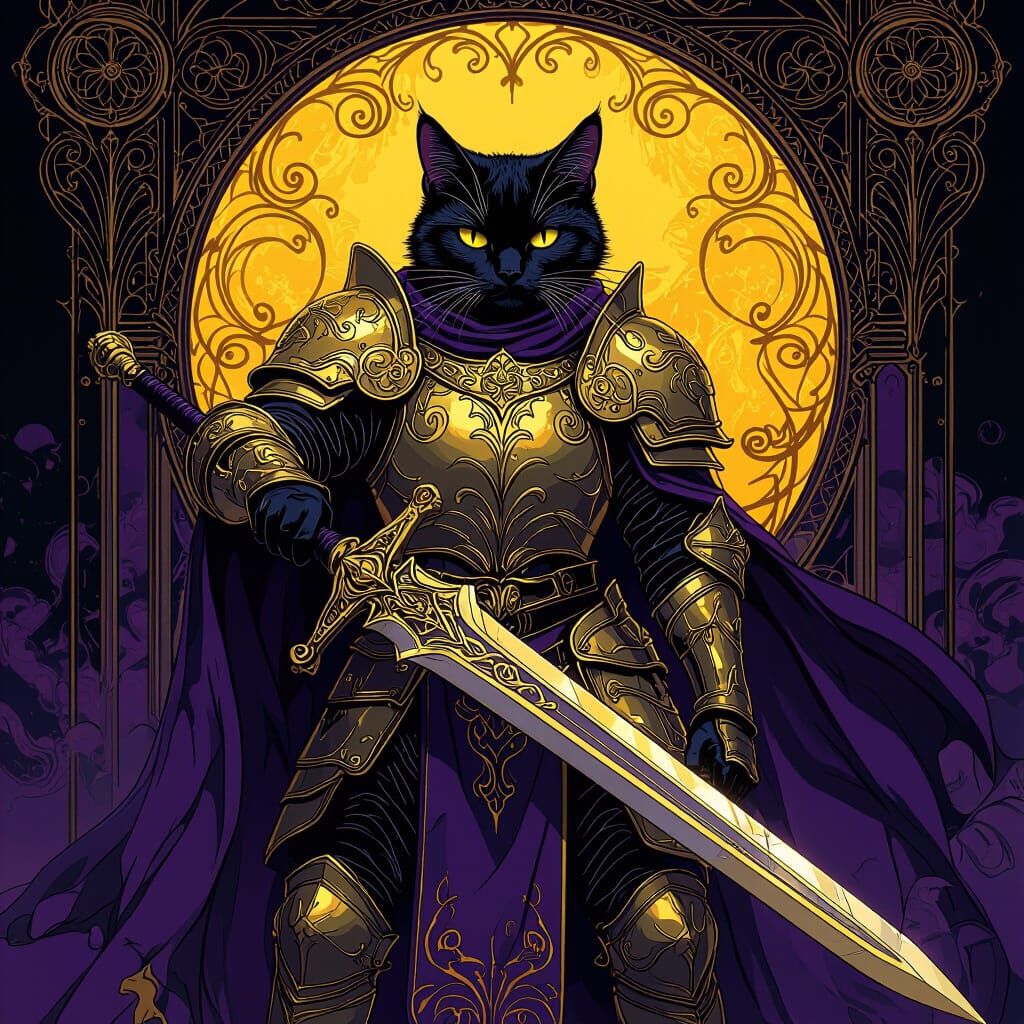 Cat Knight in Ornate Armor, Art Nouveau Style