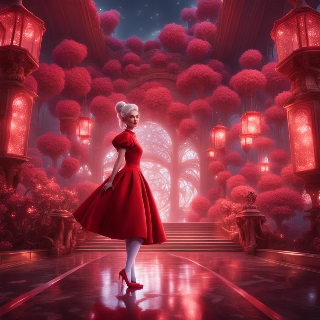 M3gan in Red Dress: Detailed Fantasy Concept Art