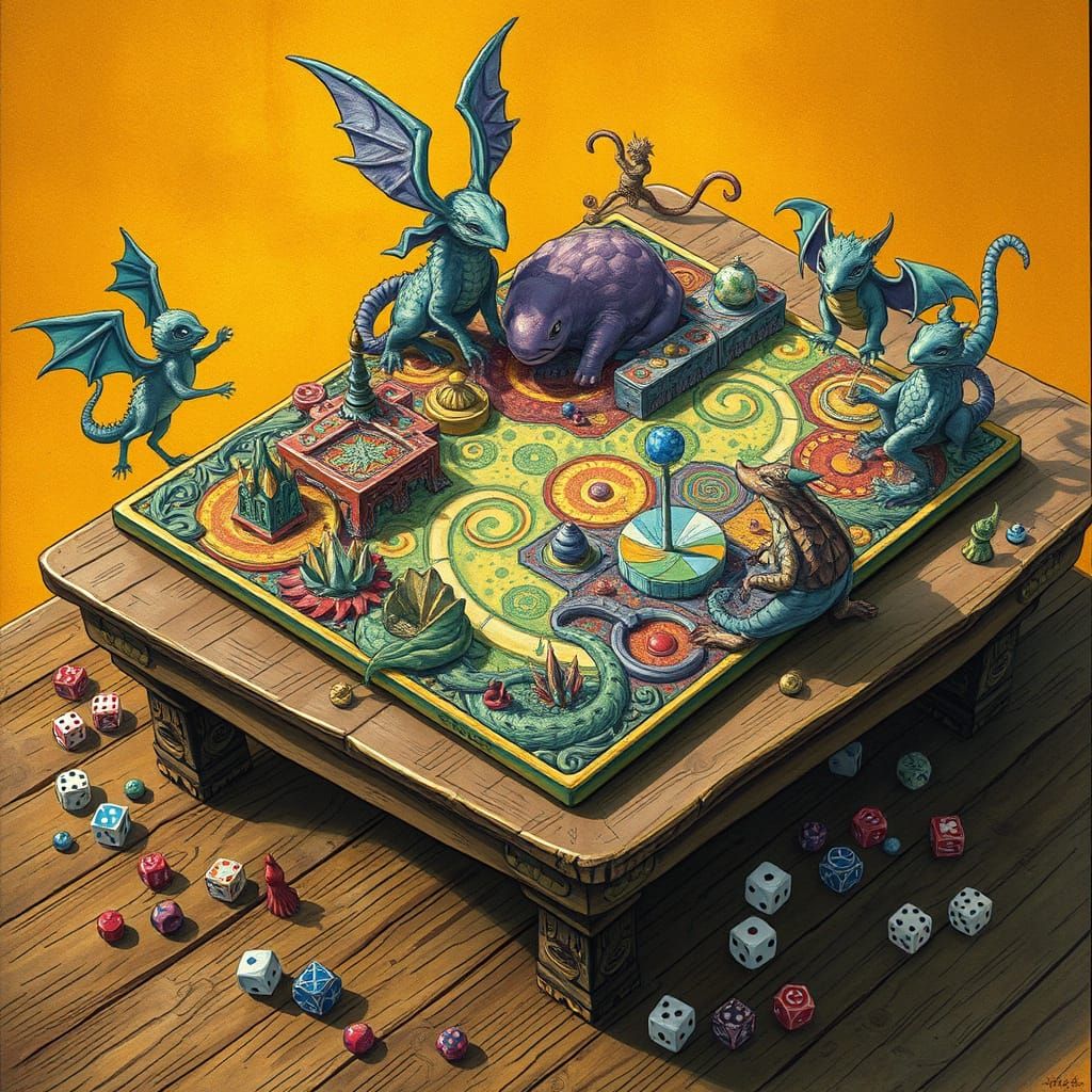 Whimsical Board Game Scene in Vibrant, Fantastical Style