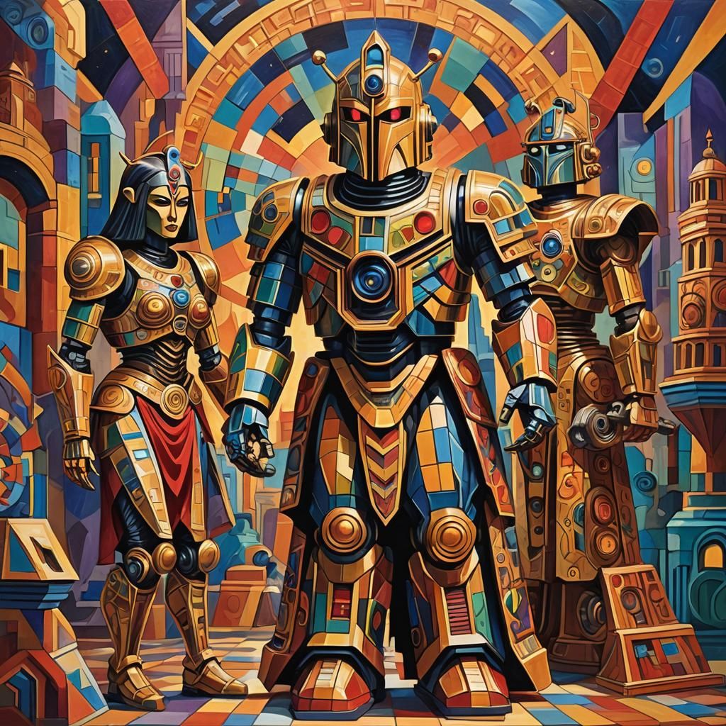 Neo-Cubist Painting of Kali, Vishnu, and a Dalek