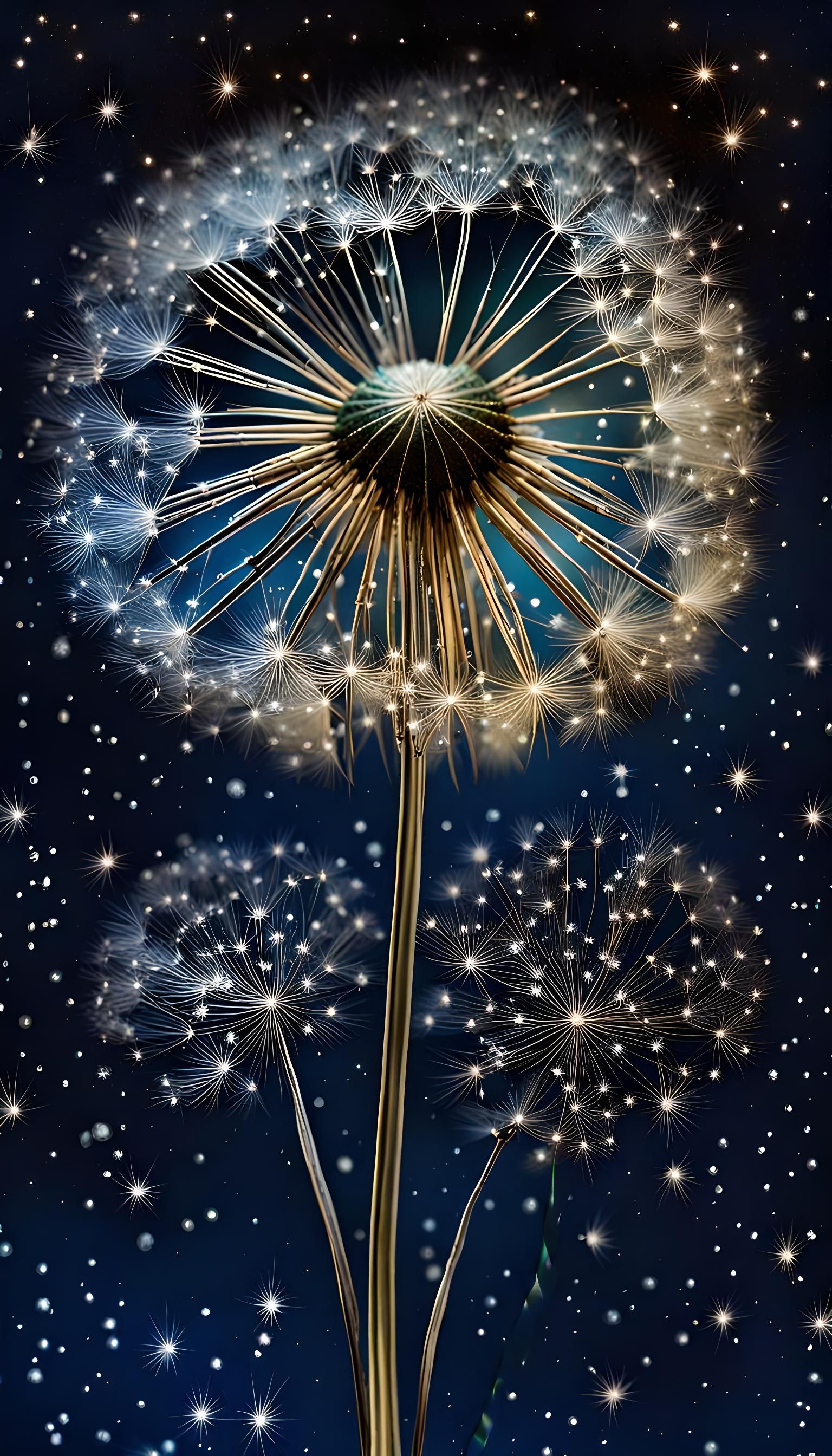 Iridescent Pyrite Dandelion Shimmers in Starry Night