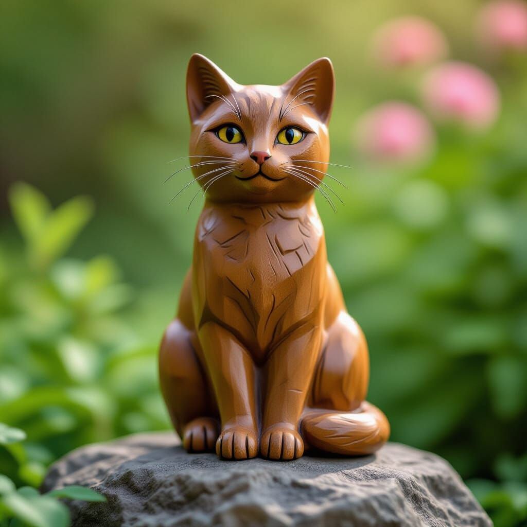 Detailed Wooden Cat Sculpture in Garden Setting