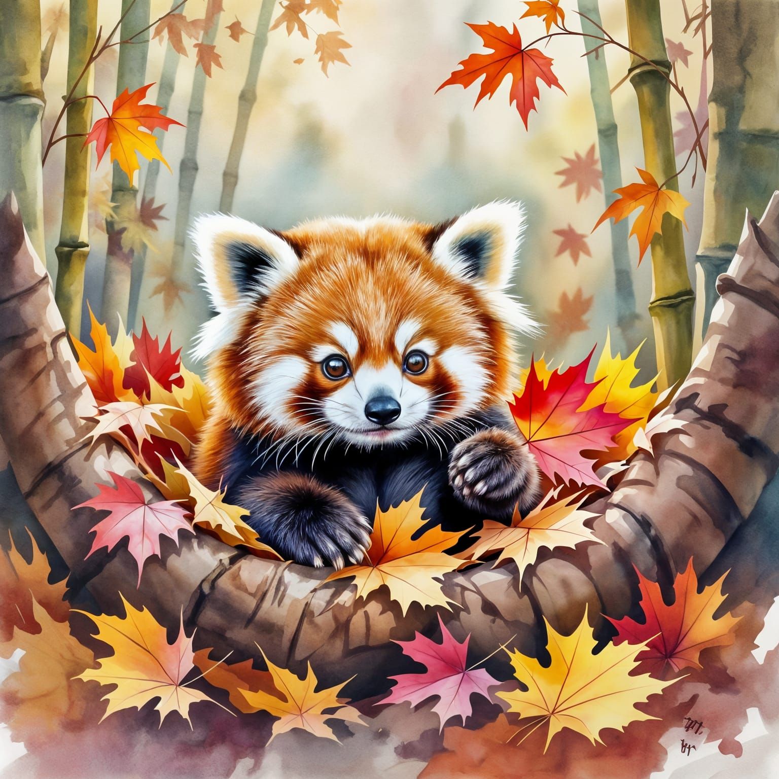 Adorable Baby Red Panda in Autumn Leaves Watercolor Painting