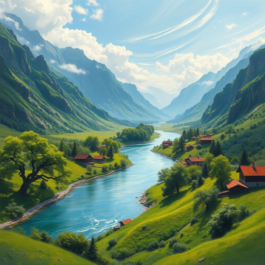 Majestic River Valley in Gouache Style