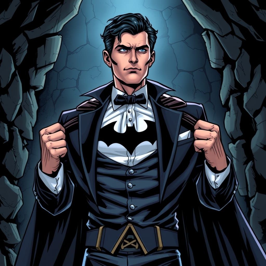 Bruce Wayne Contemplates Batman Costume in Batcave