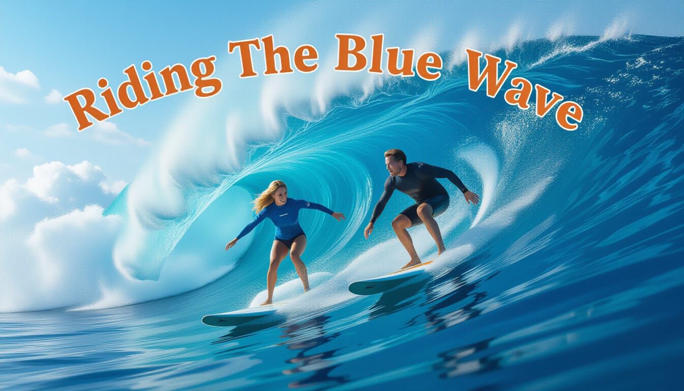 Politicians Surfing Giant Blue Wave in Hyperrealistic Style
