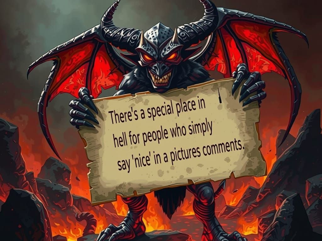 Fiery Demon Holding Sign in Hellish Inferno