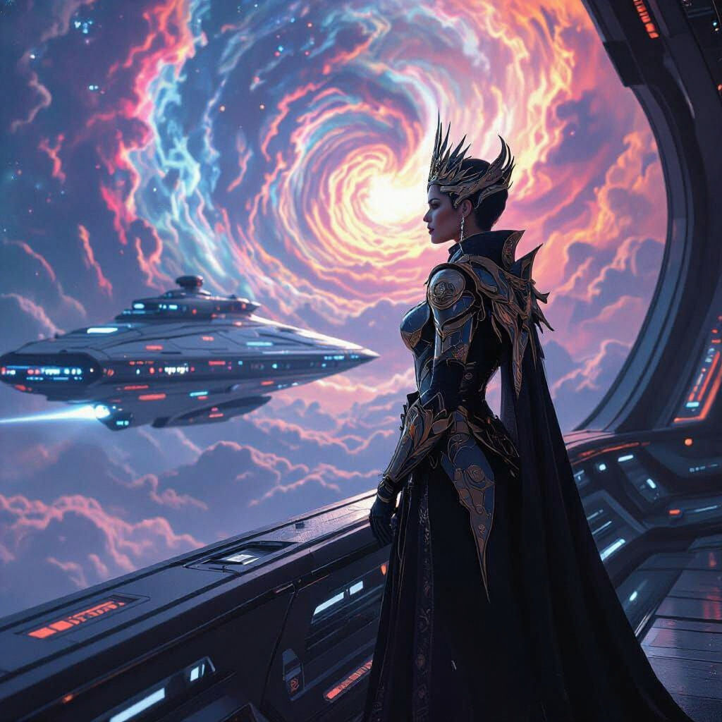 Regal Queen on Starship Bridge Overlooking Nebula