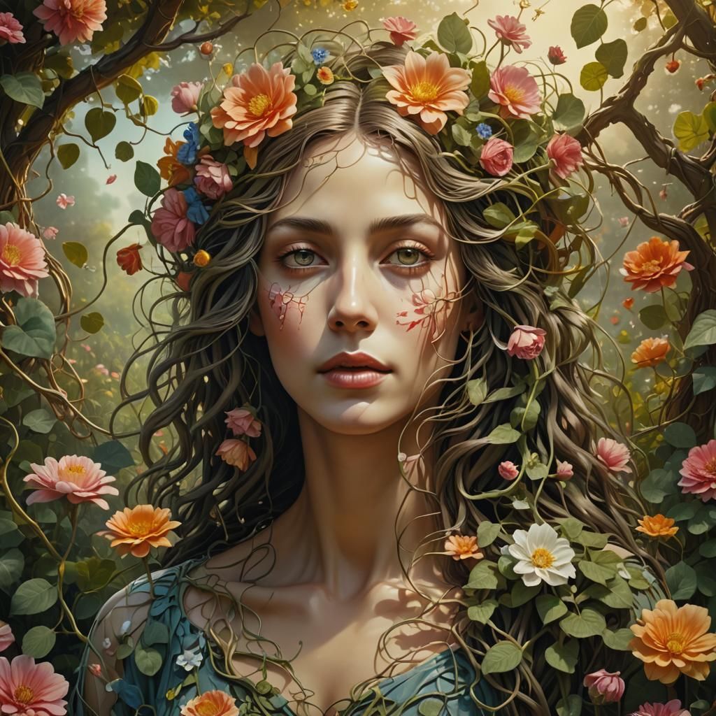 Surrealist Woman with Flowers in Dreamlike Garden
