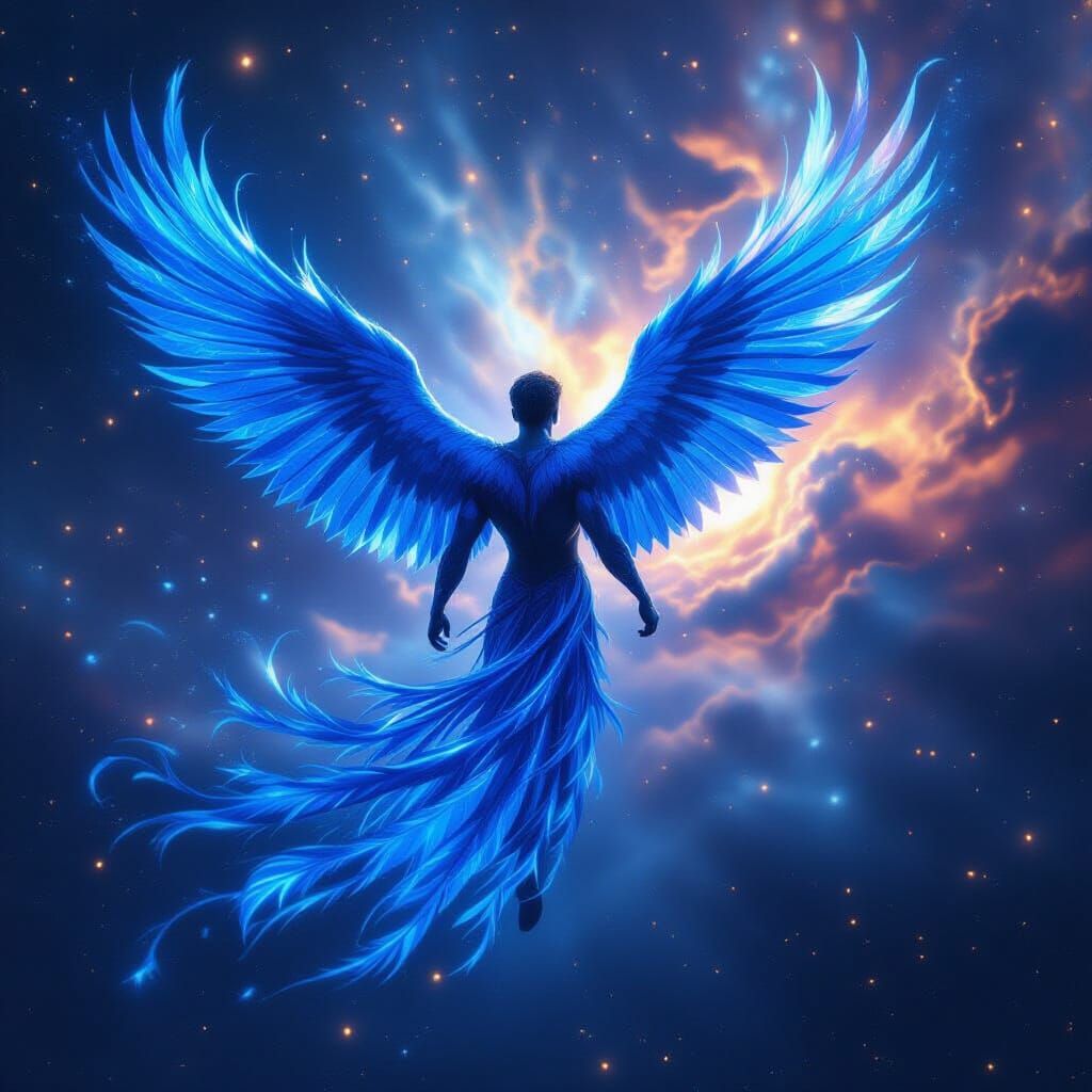 Winged Man Transforms Into Cosmic Blue Firebird