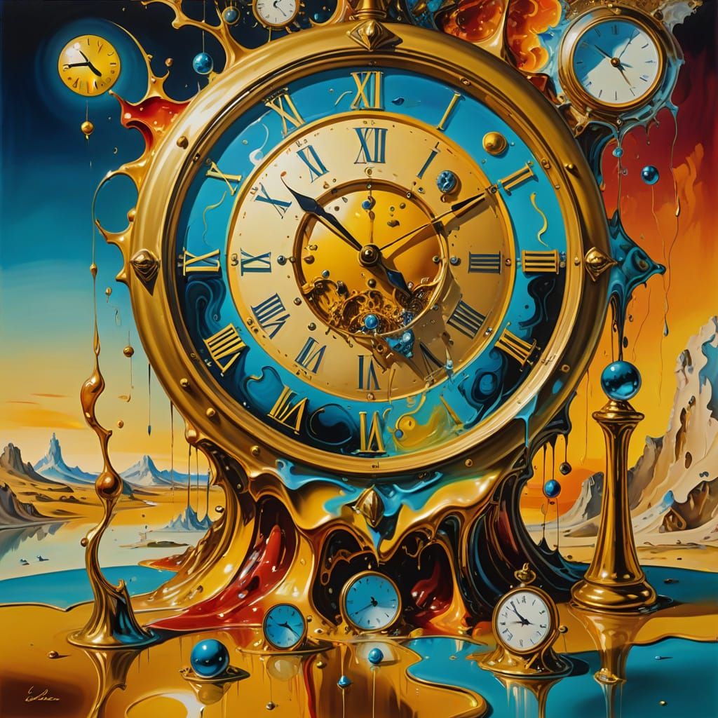 Surrealist Dreamscape with Melting Clocks in Oil Painting