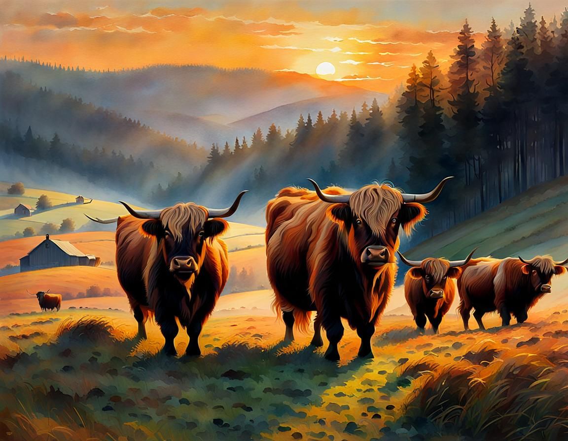 Highland Cows in Watercolor Field at Sunrise