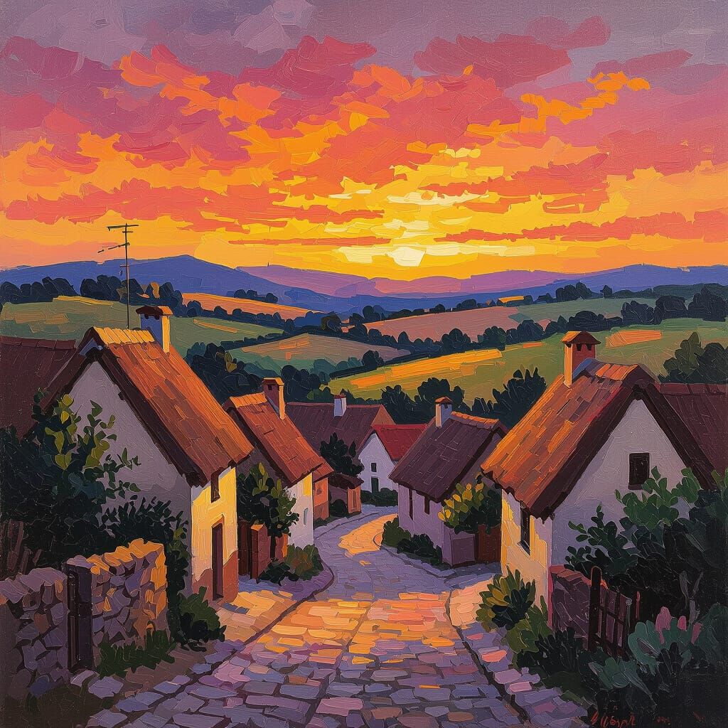 Vibrant Sunset Over Picturesque Village Oil Painting