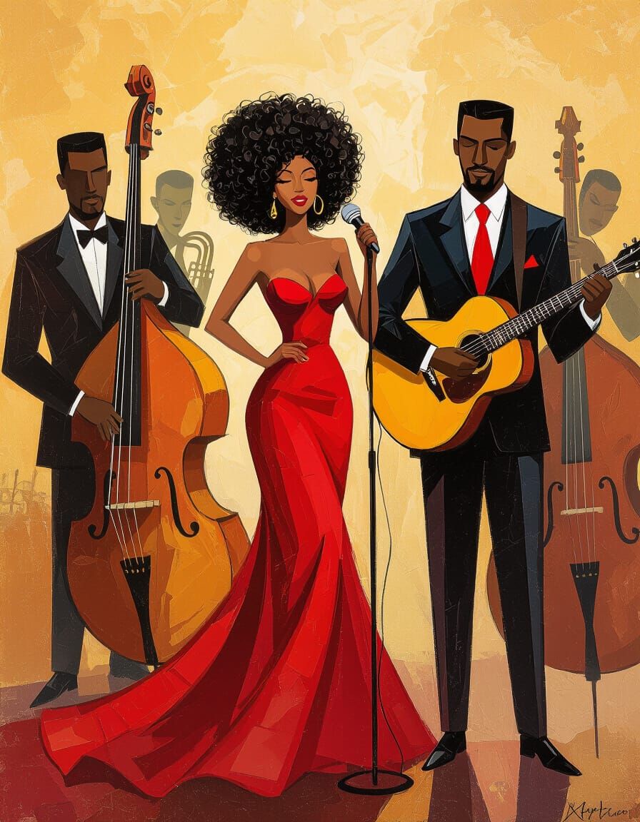 Vibrant Jazz Band in Abstract Afrofuturist Style