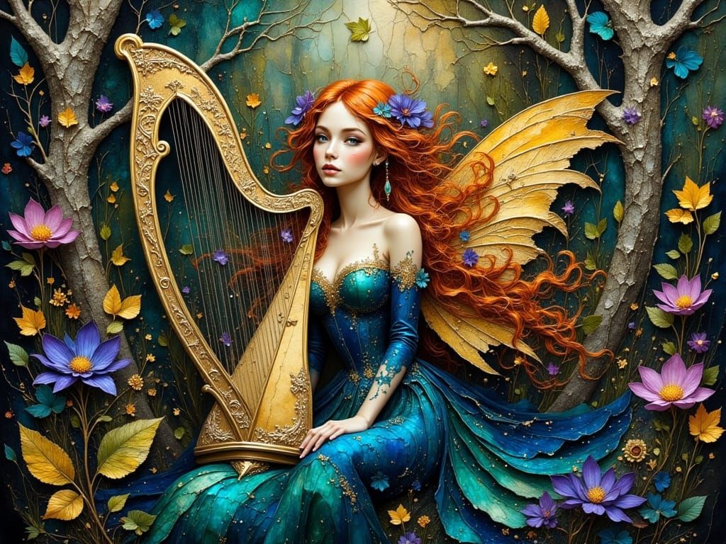 Fairy with Harp in Impasto Oil Painting Style