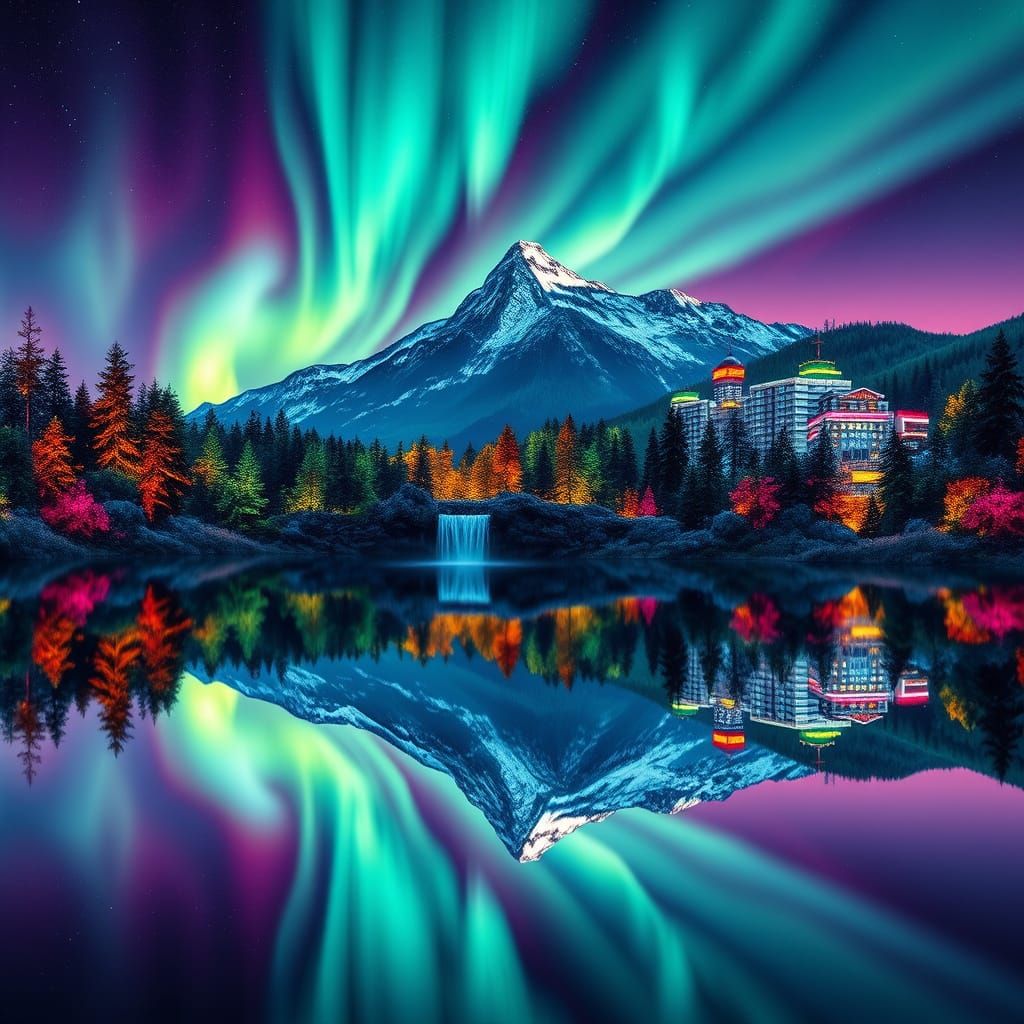 Aurora Borealis Over Reflective Lake and Neon City