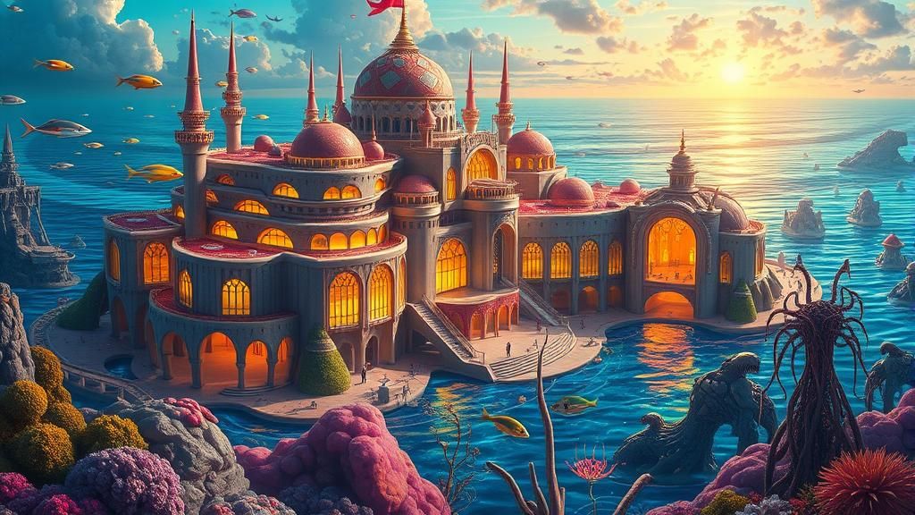 Surreal Ocean Citadel in Cyberpunk Style