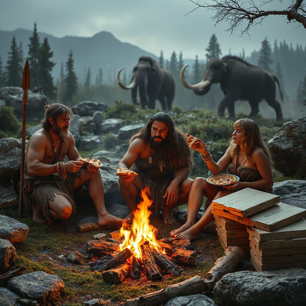 Cavemen Enjoying Pizza Next to Roaring Campfire