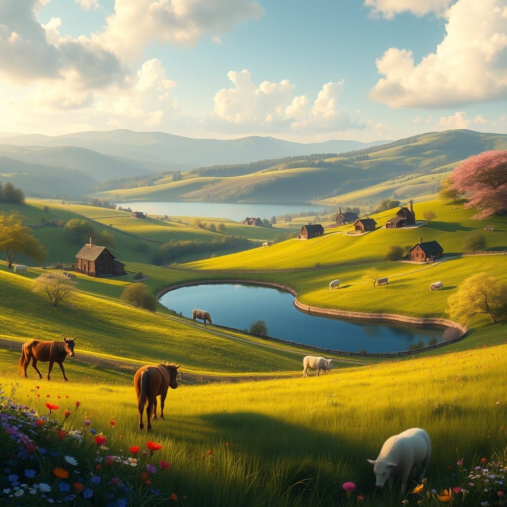 Idyllic Countryside Scene in Whimsical Style