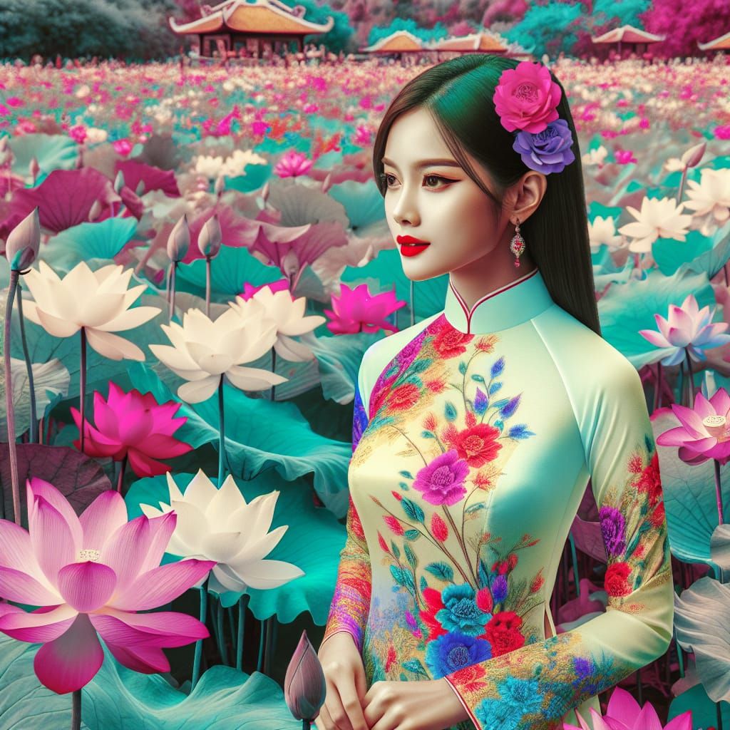 Vietnamese Woman in Ao Dai Among Lotus Flowers