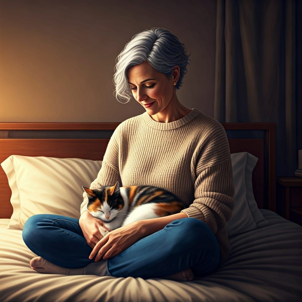 Cozy Companions: Woman and Cat in Golden Light