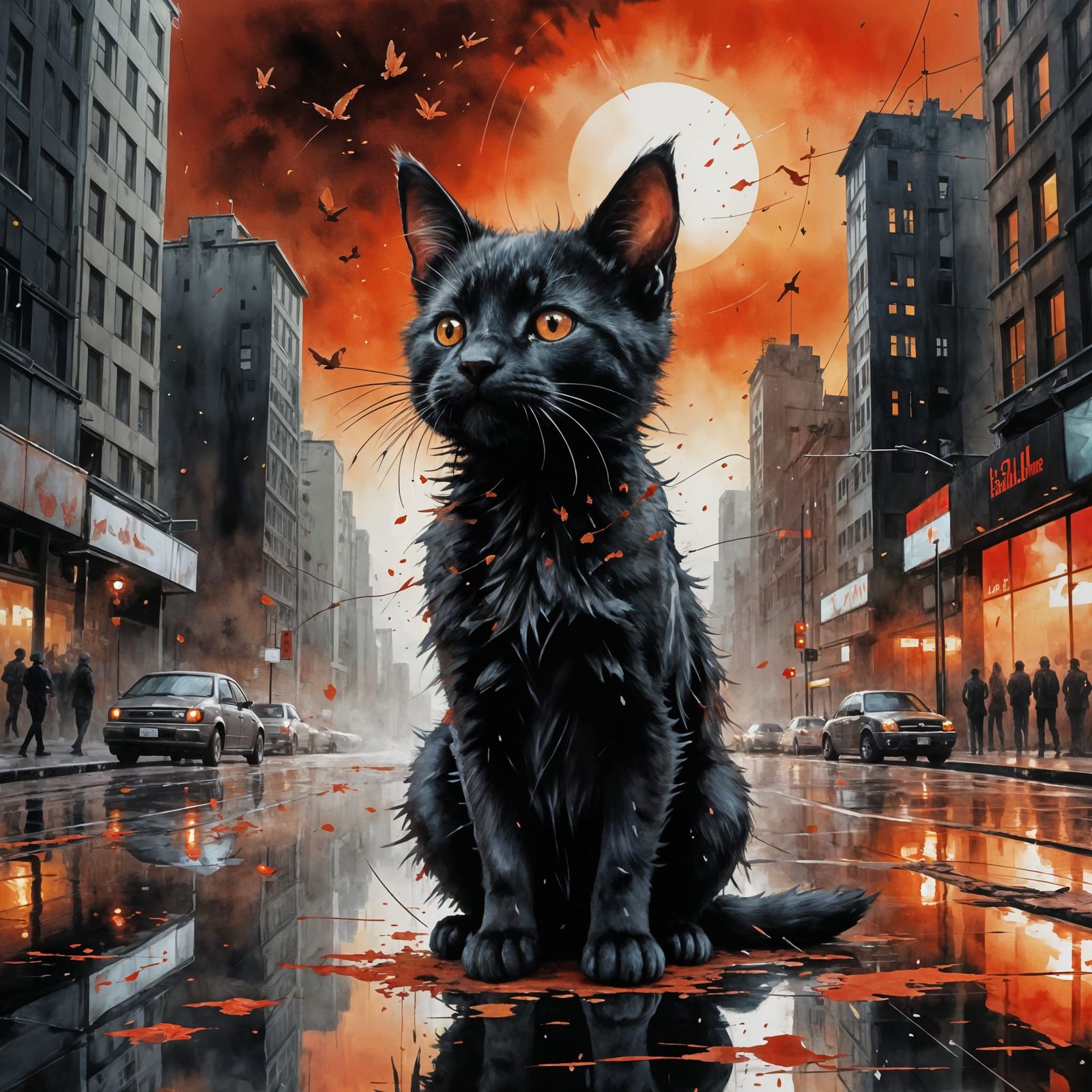 Surreal Black Kitten in Moody Urban Nightscape