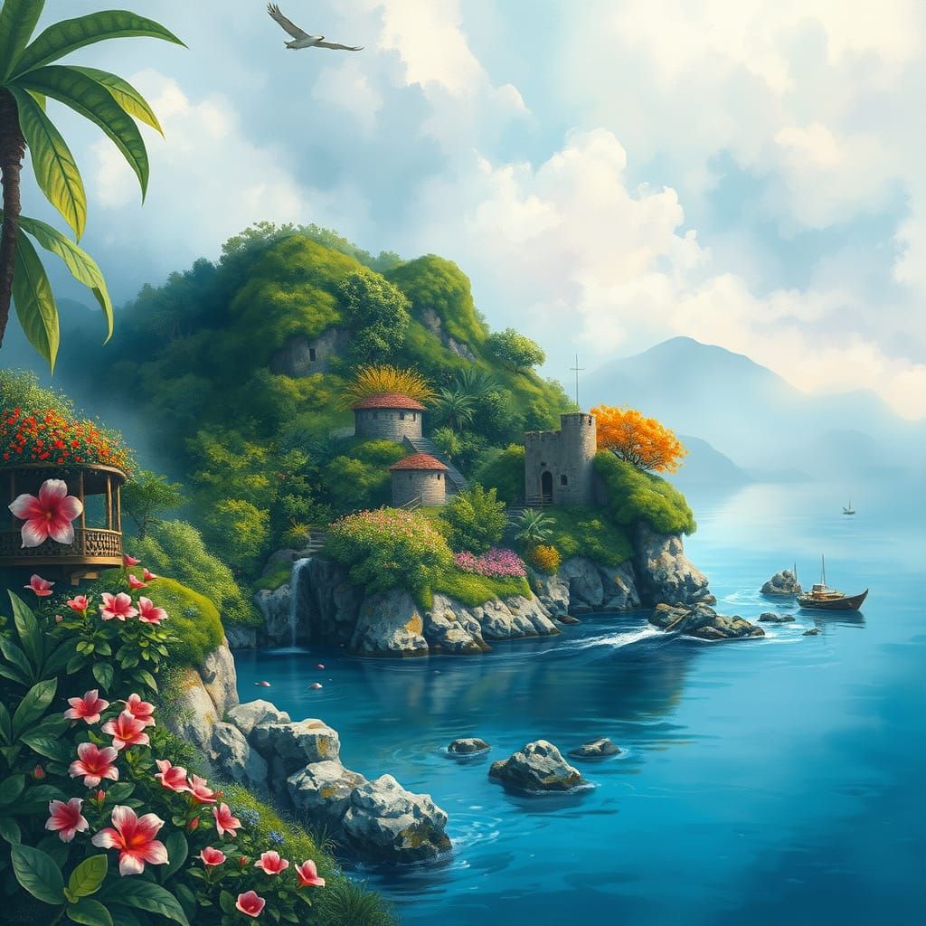 Serenely Majestic Tropical Isle in Whimsical Gouache and Wat...