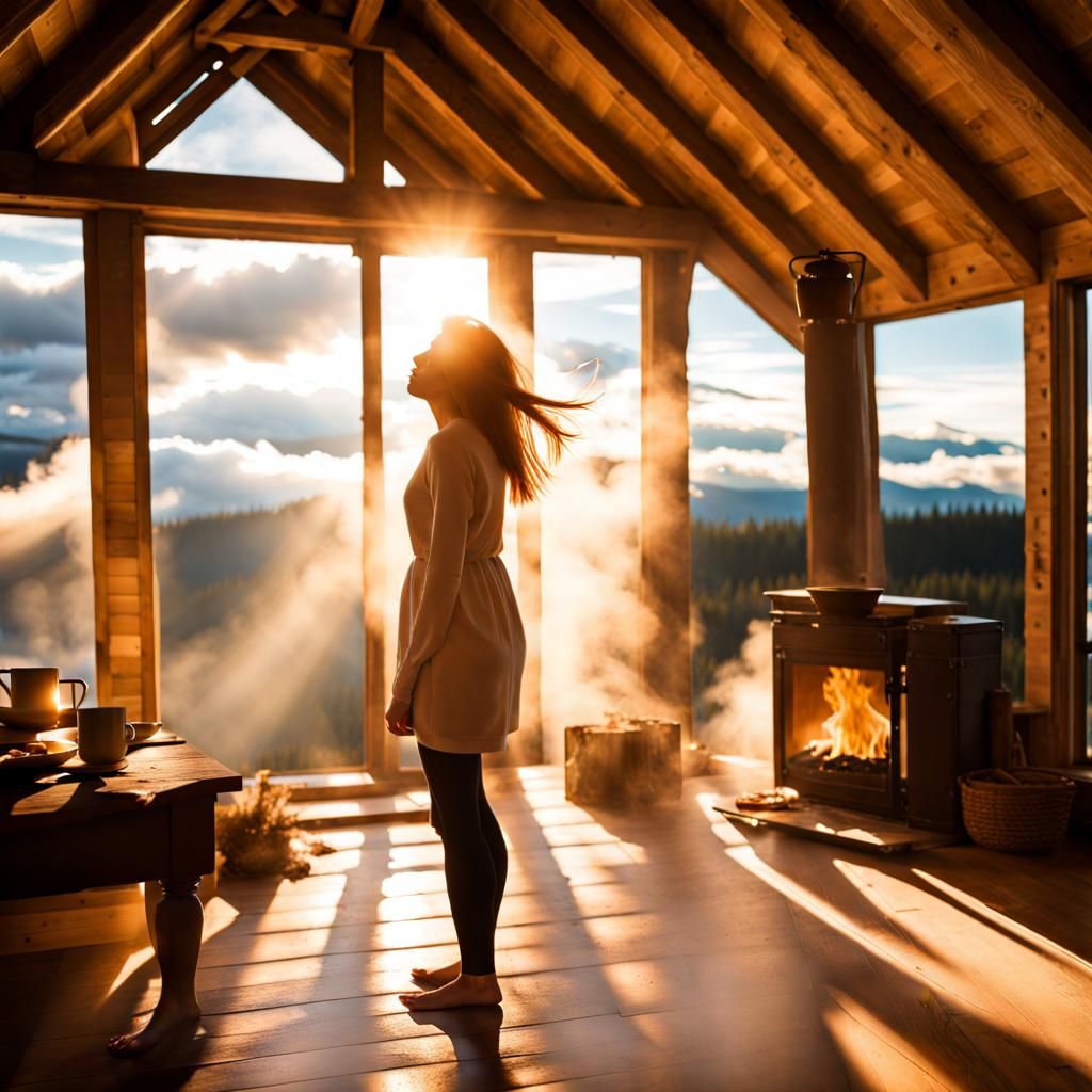 Cozy Stone Cabin Interior with Fire and Sunlight