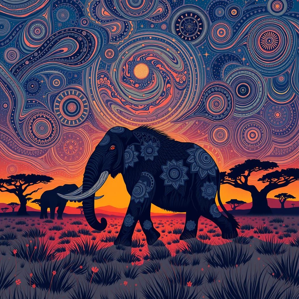 Mammoth Silhouette Against Galaxy Sky in Batik Illustration ...