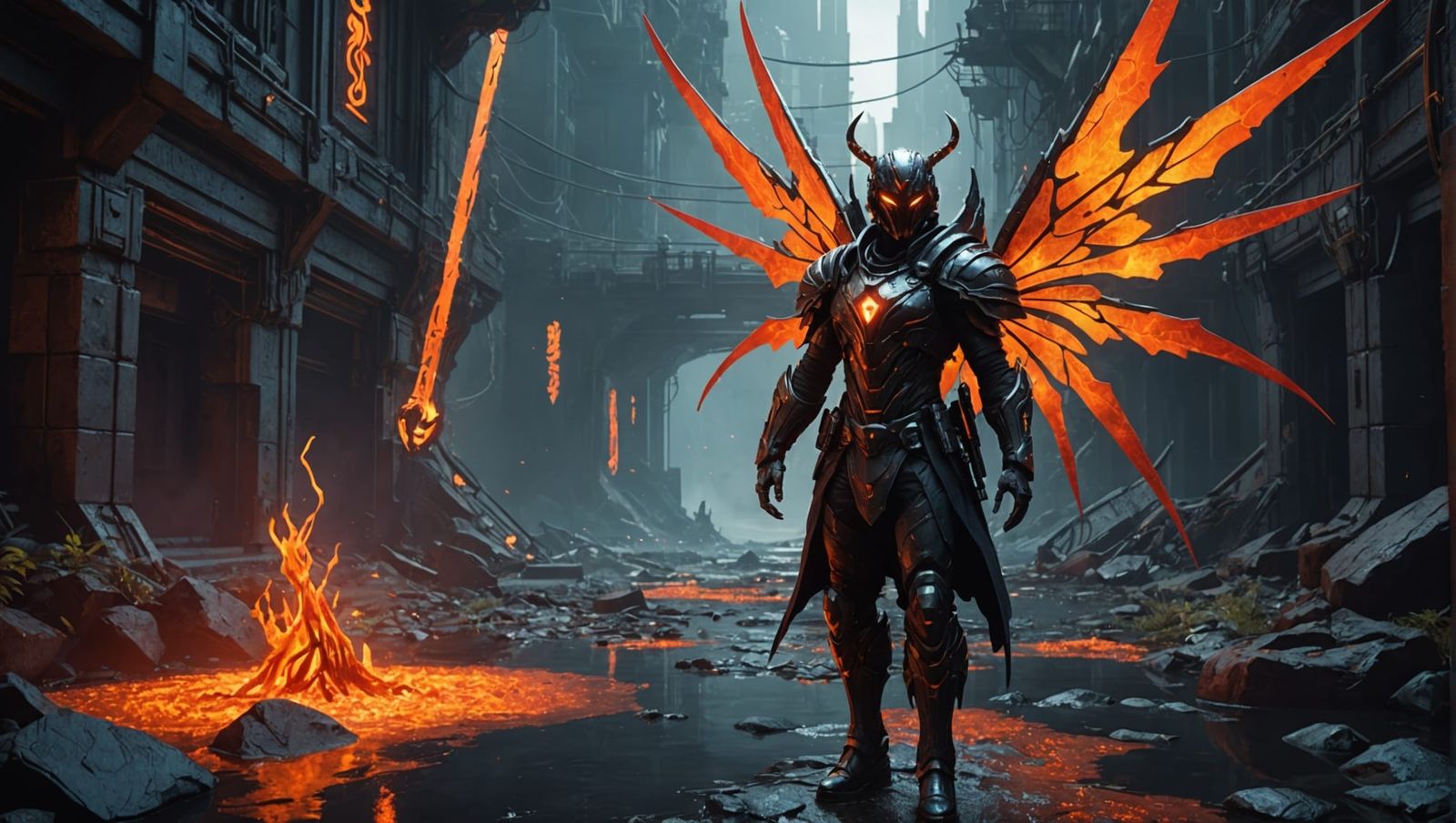 Armored Fairy Walks Magma Stream: Cyberpunk Fantasy