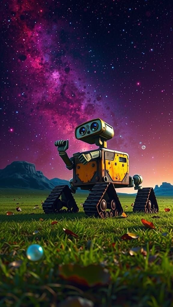 Pixar-Style Robot Gazing at Galaxy Sky