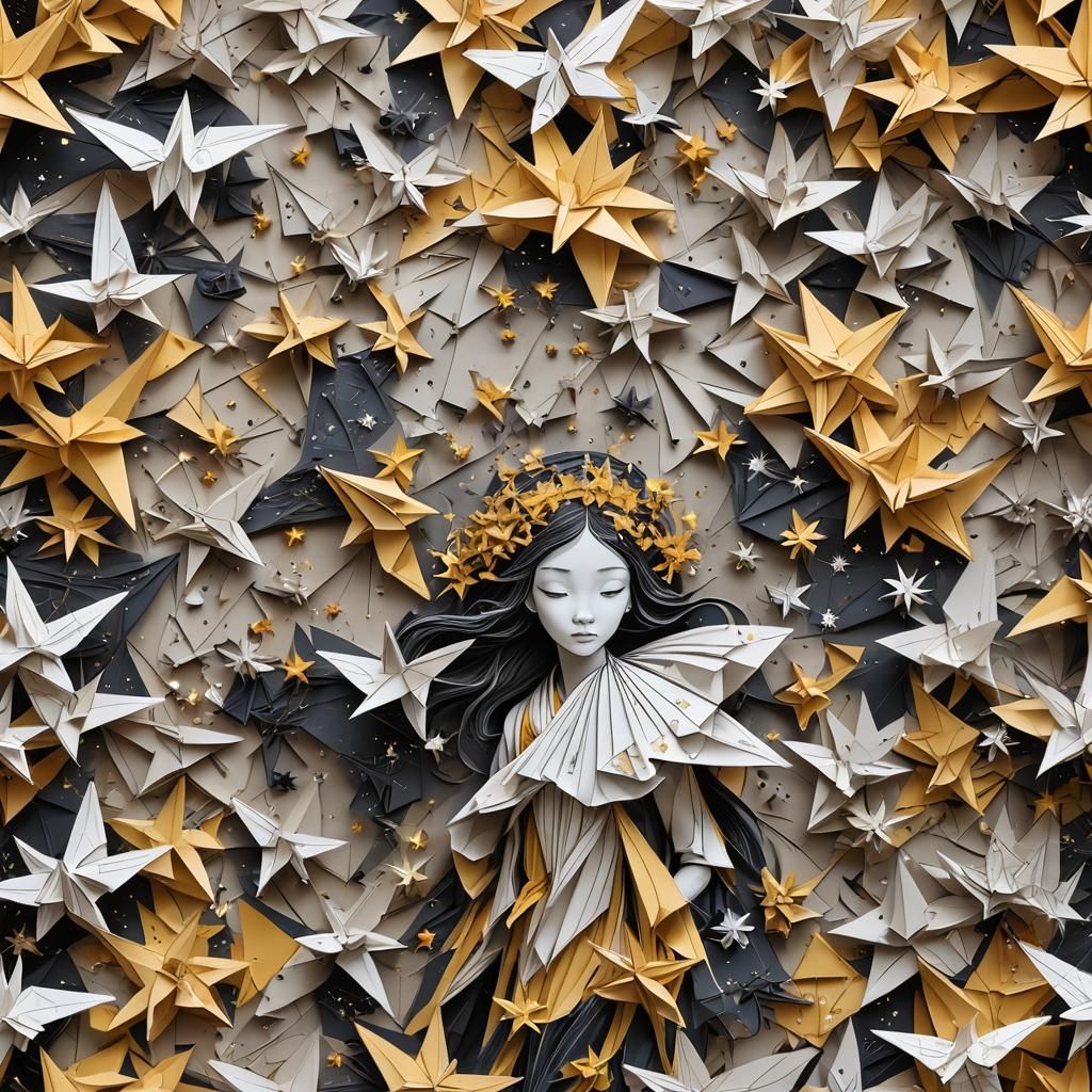 Monochrome Gold Starscape with Origami Paper Folds