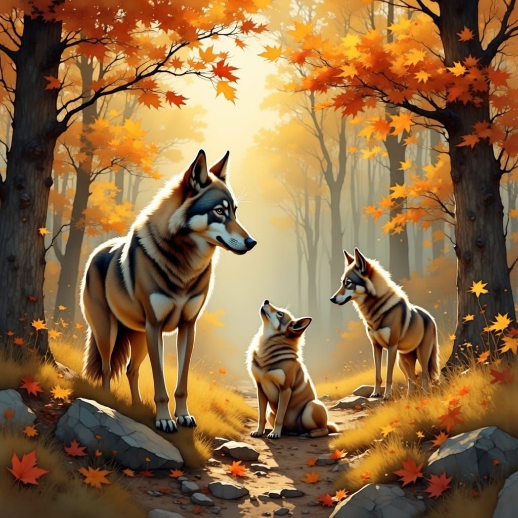 Wolf Family in Autumn Forest, Matte Painting Style