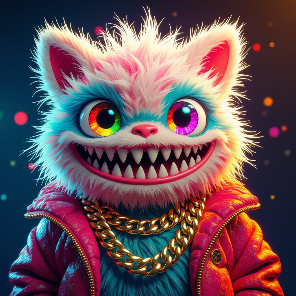 Cute Fluffy Monster Portrait with Gold Chain