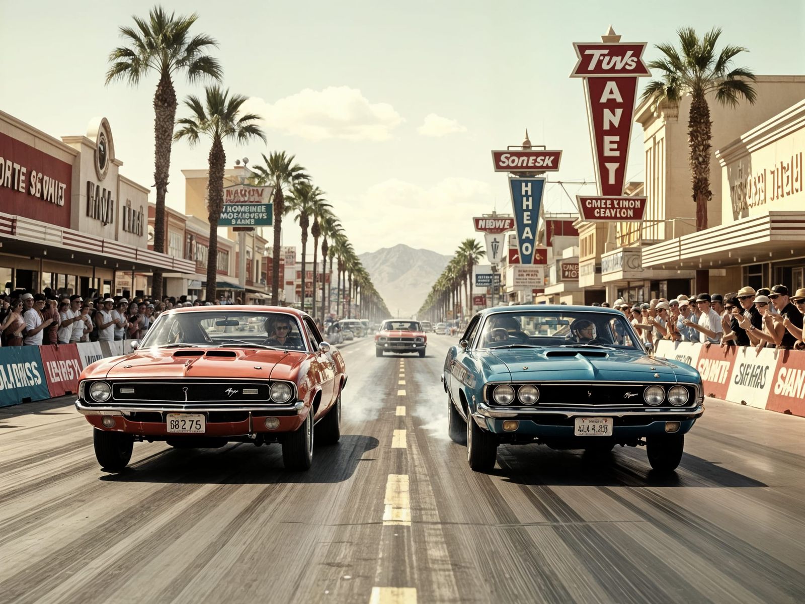 Vintage Muscle Car Drag Race on Las Vegas Strip
