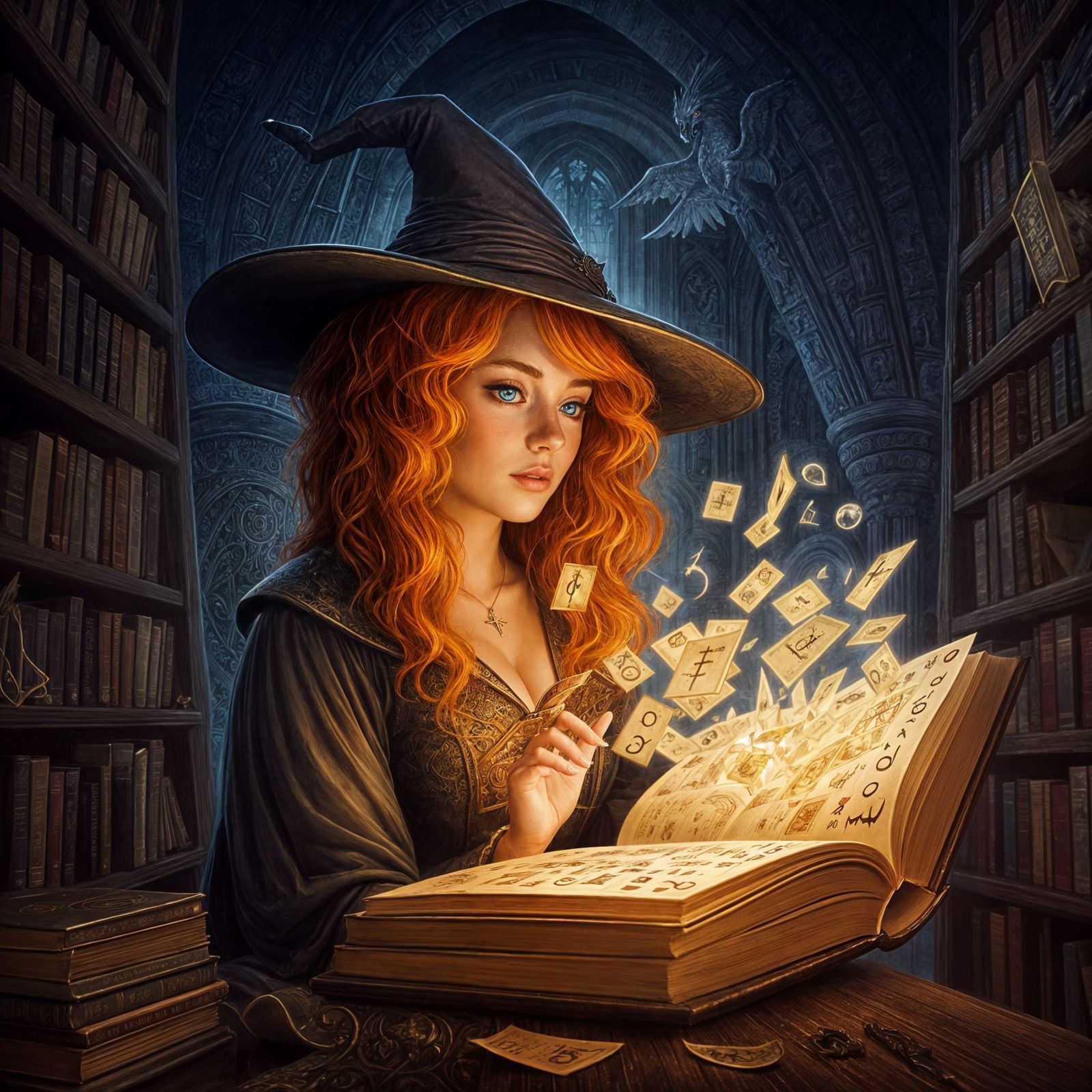 Ginger Witch Reads Magic Tome in Sinister Library