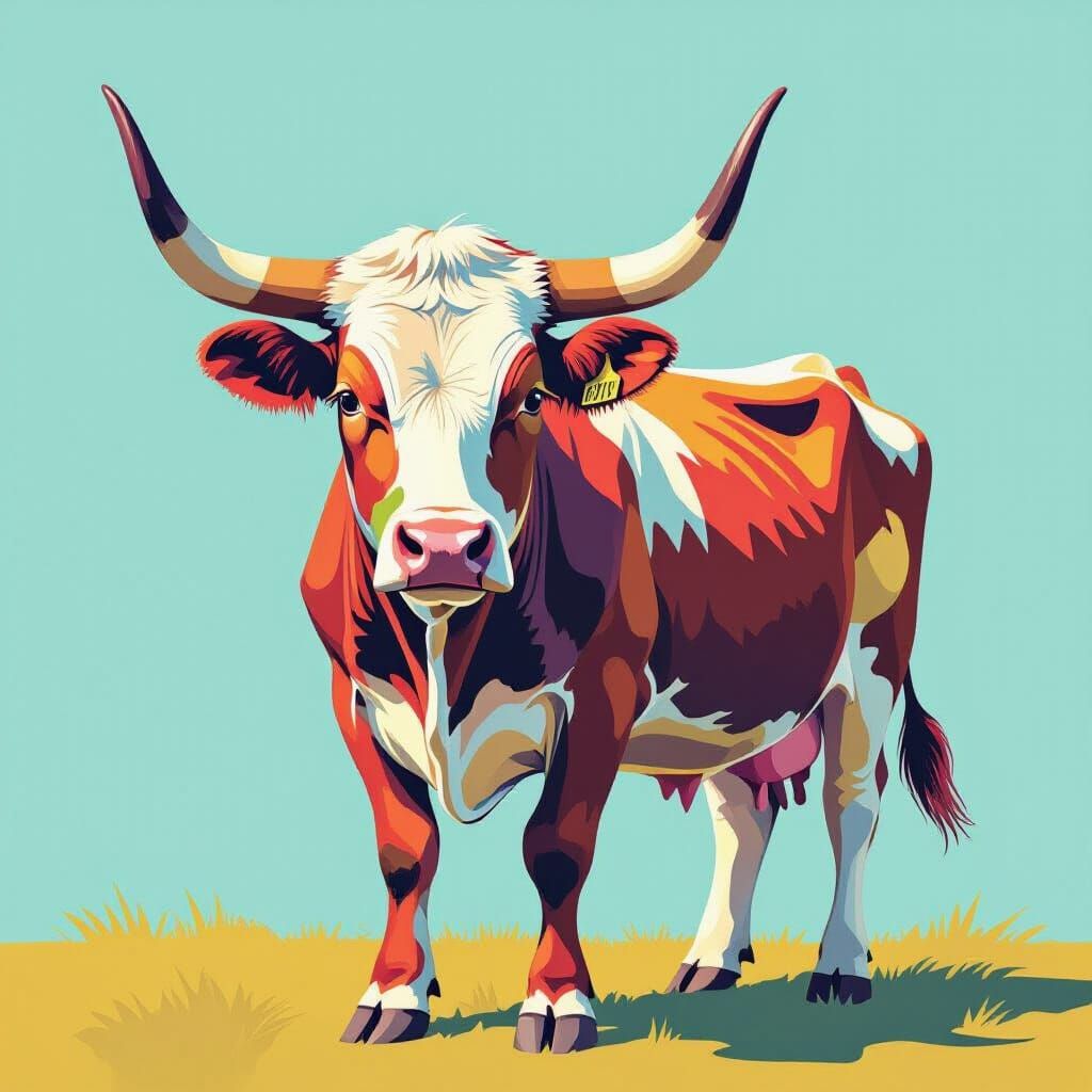 Brightly Colored Cow with Big Horns in Cutout Style